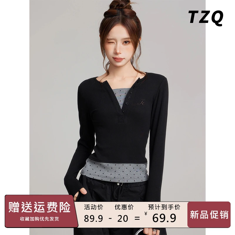 假两件纯欲辣妹针织短款长袖t女秋修身显瘦设计感上衣 TZQ2581936