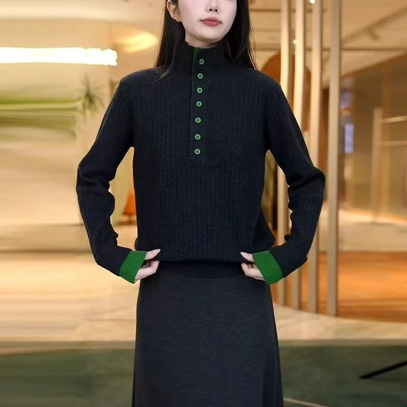 【主播推荐4】拼色小扣针织打底毛衣