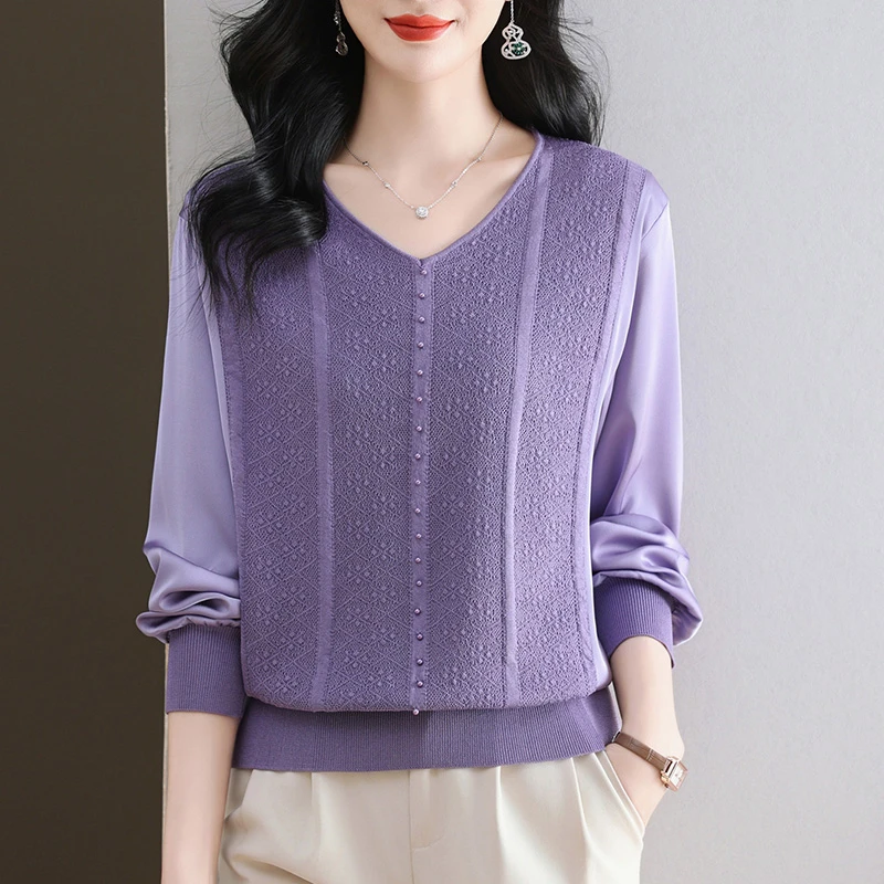 早春V领上衣女长袖针织衫春装2025年新款春秋女装薄款妈妈打底衫