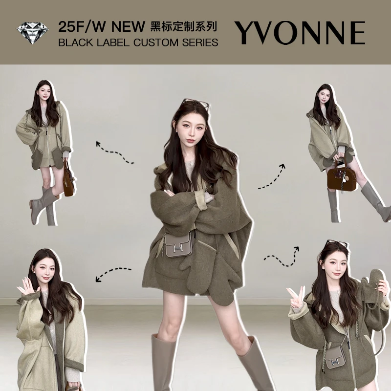 IS YVONNE / 首尔假日 黑标！初剪澳毛双面穿连帽毛呢大衣