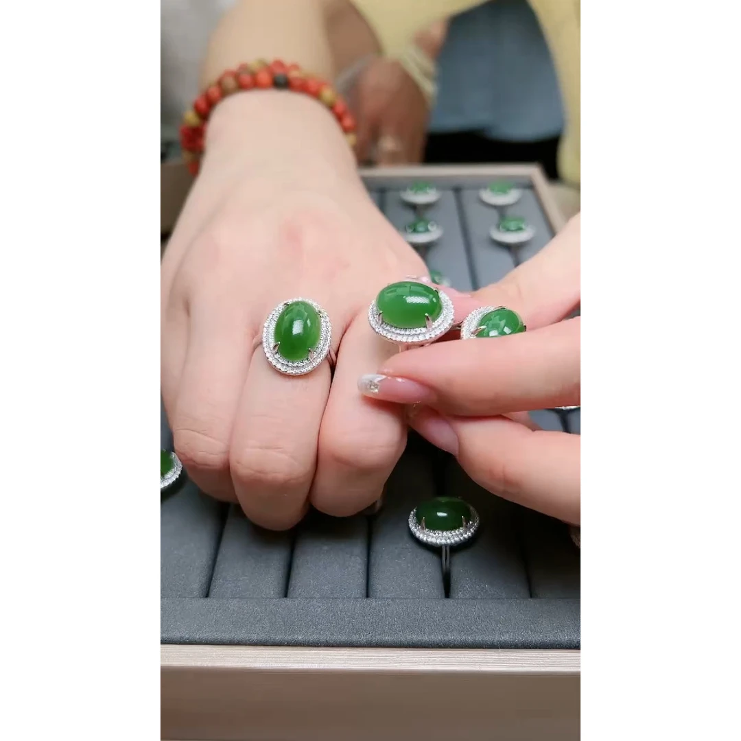 石惑珠宝*S925碧玉蛋面戒指约10*14mm可调节*多样性发一