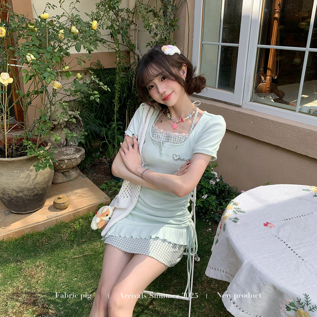 海盐甜心绿色 织物猪原创 甜美针织短袖连衣裙女小个子