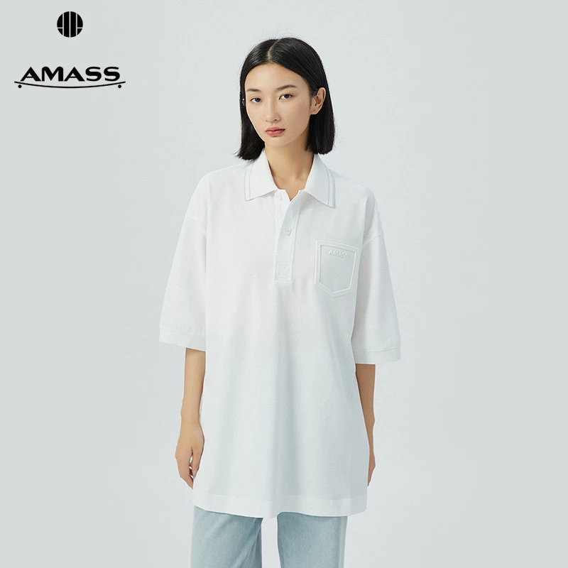 阿玛施AMASS新款女装百搭减龄休闲翻领宽松短袖印花POLO衫5300834