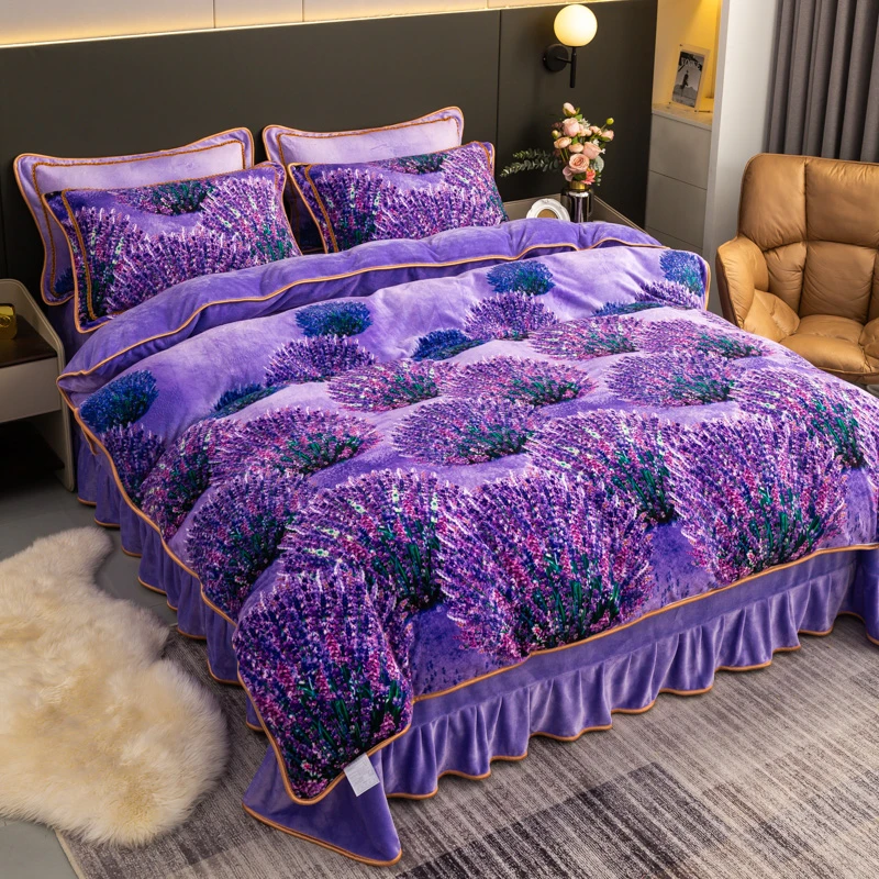 秋冬新款印花高克重加绒加厚保暖牛奶绒印花床裙款四件套-薰衣草