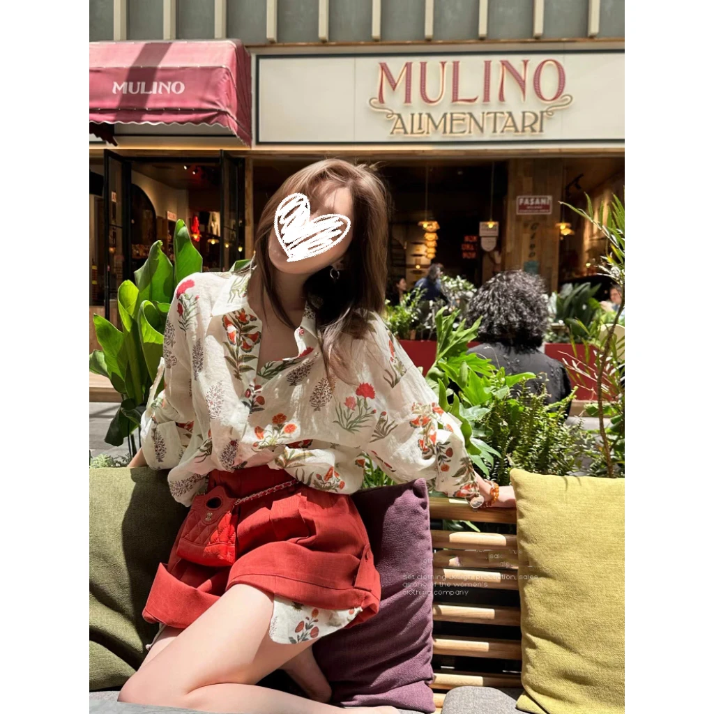 FRVXO小众时髦微透设计宽松露背花衬衫翻边两穿阔腿短裤套装