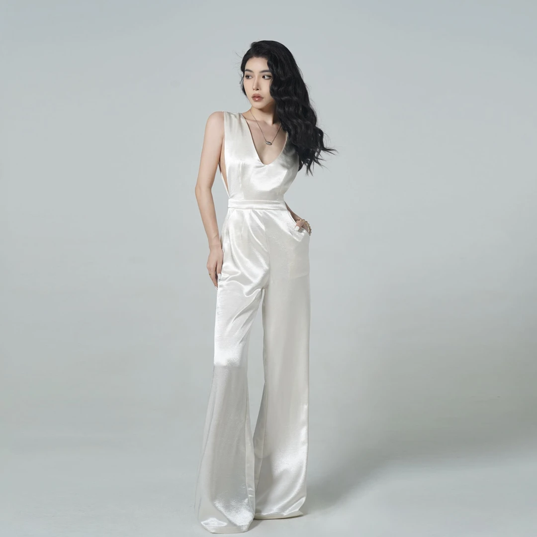 BEERUS【黑天鹅】设计师气质时尚夏季休闲高腰阔腿缎面连体裤