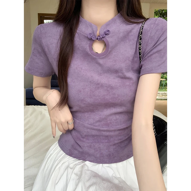 韩系大码女装2025新款新中式国风盘扣扎染短袖t恤百搭显瘦上衣