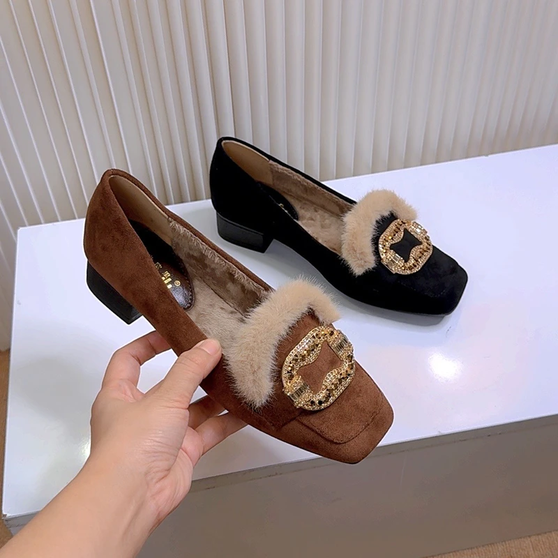 2024冬季新款真兔毛毛鞋方头粗跟一脚蹬单鞋女加绒棉鞋女