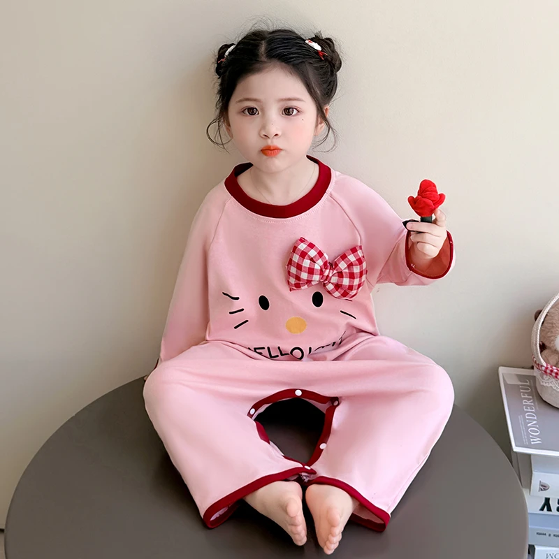 纯棉儿童连体睡衣长袖薄款女童2025新款宝宝睡袋女孩家居服秋爬服