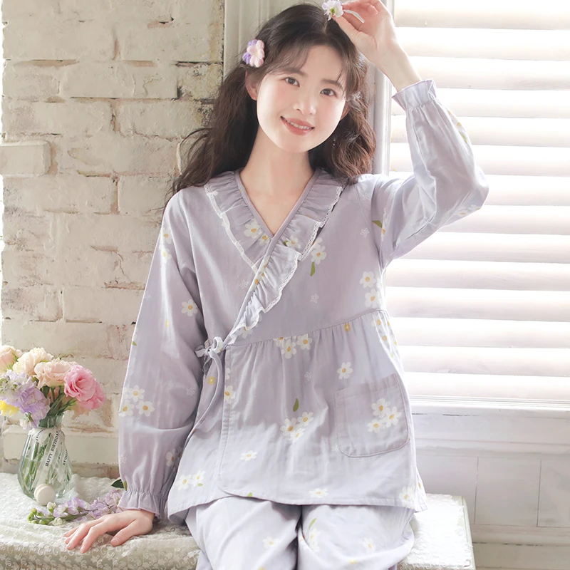 『花开半夏』带胸垫夏季薄款系带月子服产后喂奶衣纯棉纱布孕妇睡衣
