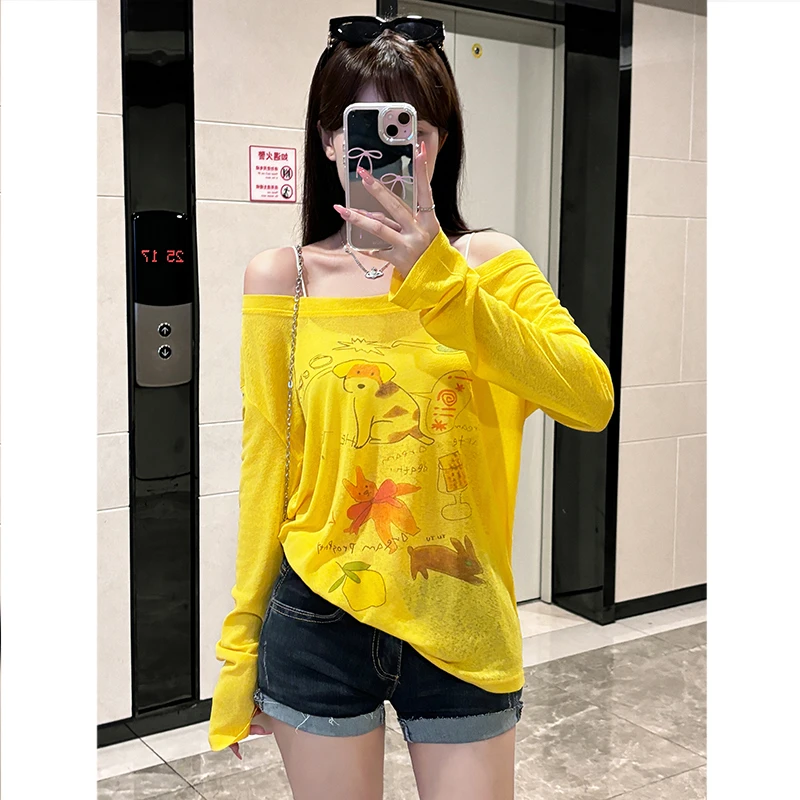 慵懒风夏季新款ins长袖薄款微透防晒罩衫可爱动物印花宽松T恤