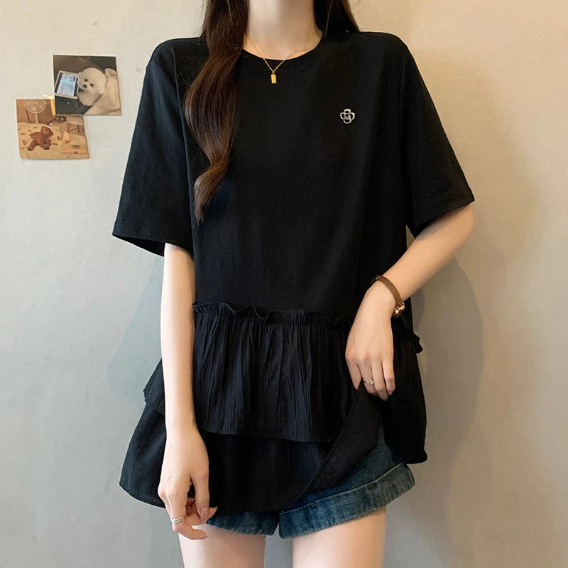 大码遮肚子慵懒风宽松短袖娃娃衫女夏季胖妹妹显瘦荷叶边t恤上衣