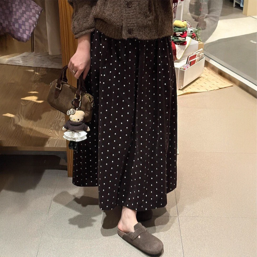 灯芯绒波点半身裙女冬季加绒胖妹妹mm梨型身材高腰遮胯显瘦a字裙