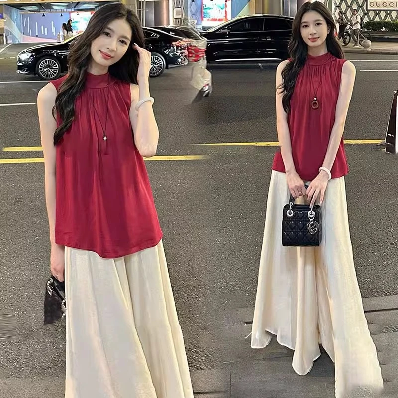 时尚气质显瘦套装女2025夏季新款减龄无袖露肩上衣阔腿裤两件套潮