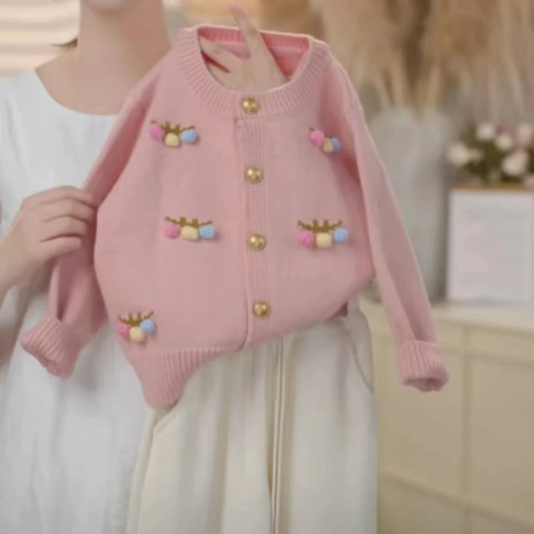 DXL-2024秋季新款儿童粉色彩球毛衣阔腿裤时尚套装80928