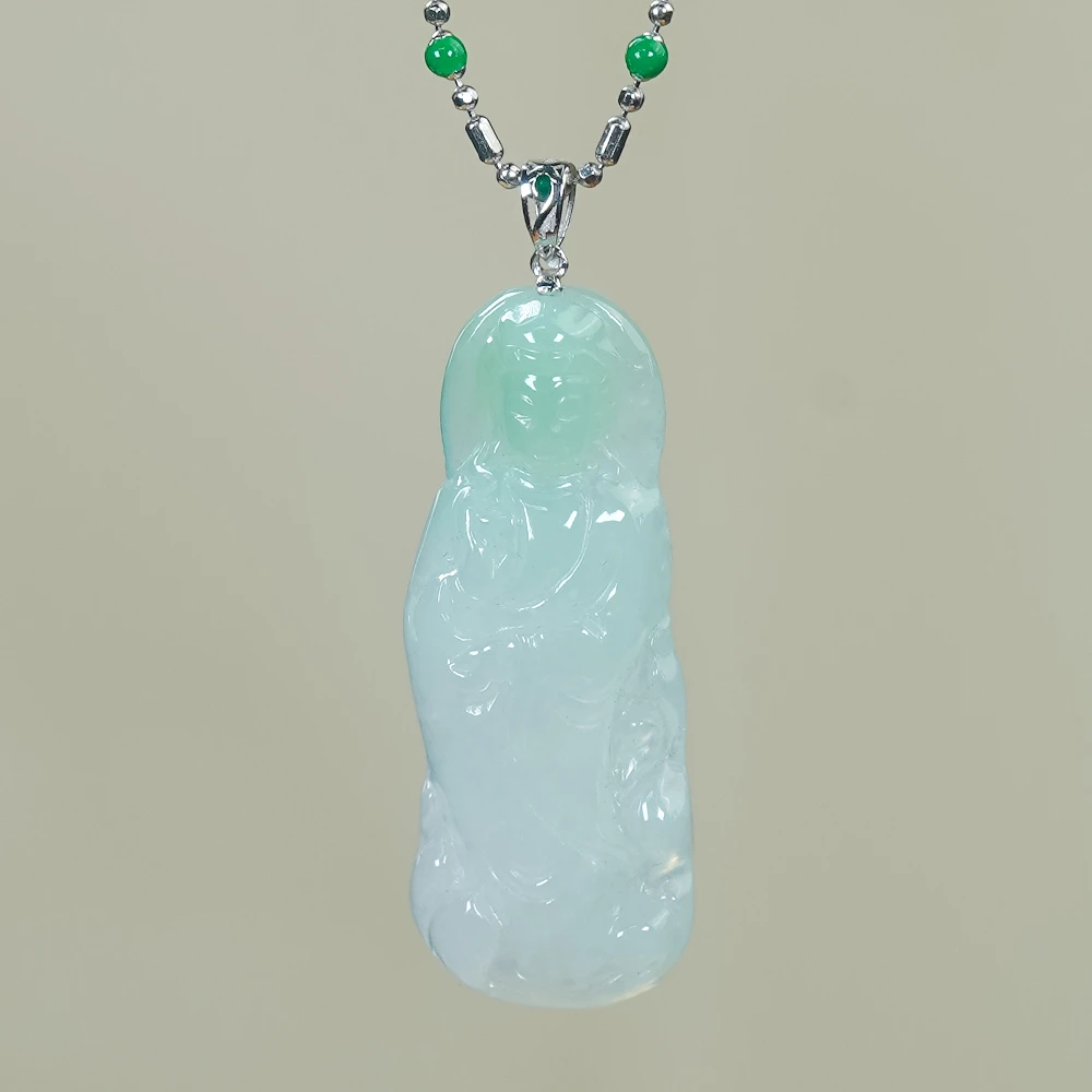 18K金镶嵌时尚简约经典雕刻设计冰润天然冰晴翡翠A货观音单吊坠