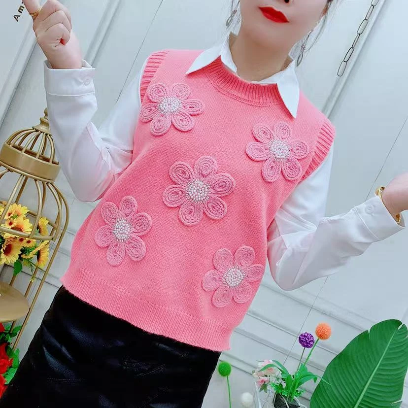 立体花朵针织马甲背心女2025春秋季高级感甜美韩系百搭时尚上衣女
