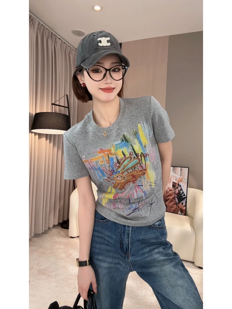 zz · 夏季新款彩绘洋气短袖t恤女百搭透气时尚韩版正肩t恤女061