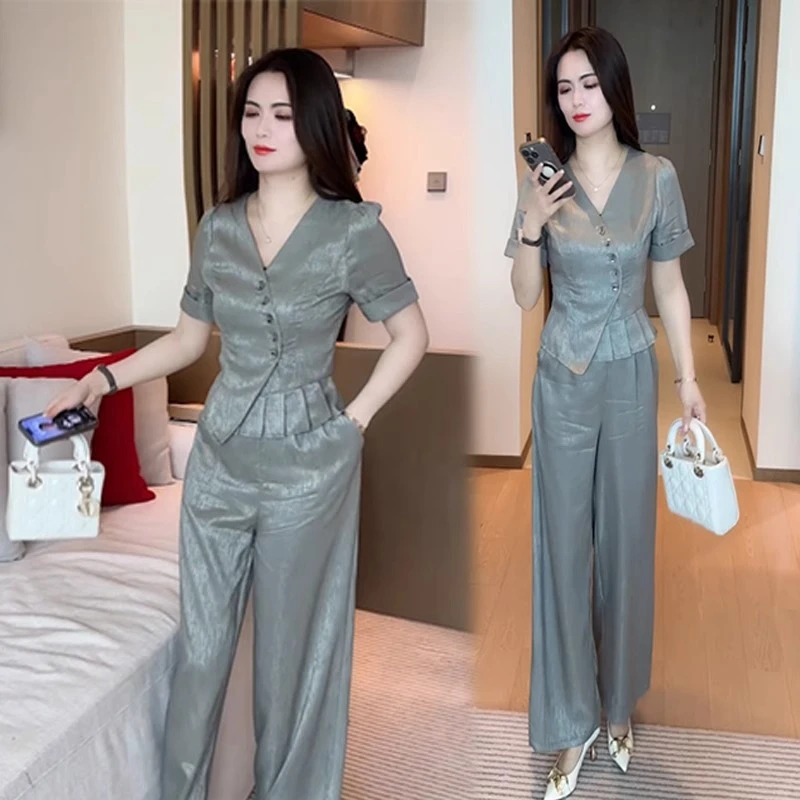 时尚套装女2025新款夏薄款休闲气质显瘦V领短袖高腰阔腿裤两件套