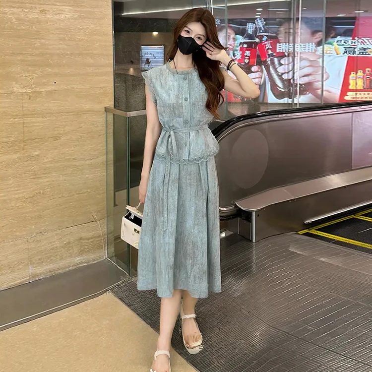 减龄休闲拼接套装女士2025年夏季新款绑带收腰上衣半身裙两件套潮