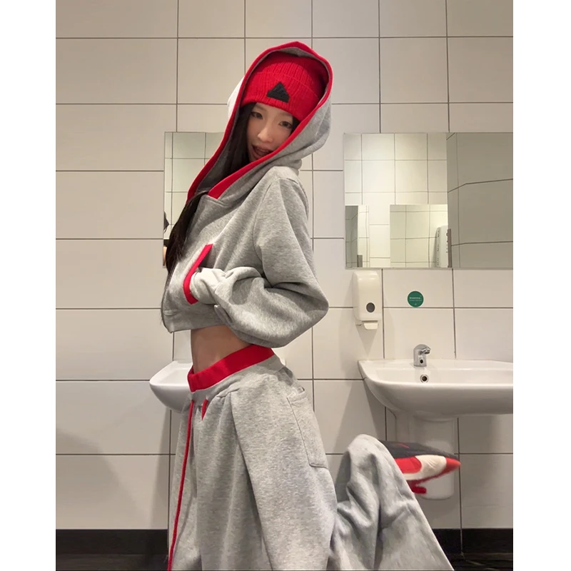 Two Million/辣妹松弛大兜帽短款卫衣+打褶直筒宽松抽绳卫裤套装