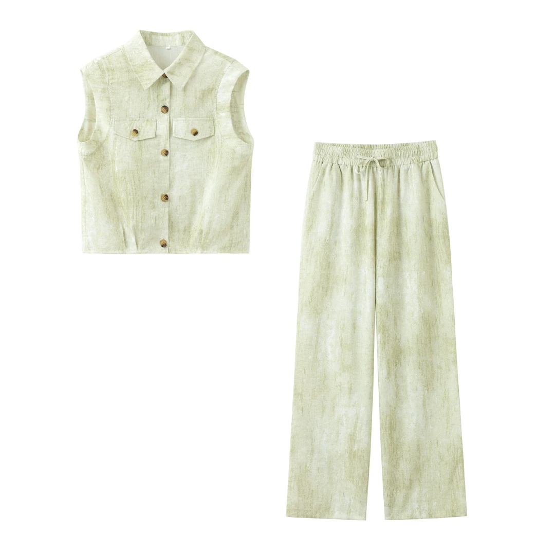 B 门店49&9！曼达套装」水墨晕染翻领坎肩马甲阔腿裤两件套女C23049