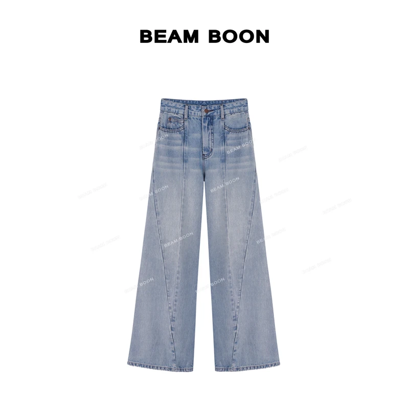 Beam Boon|【小蓝管】赛络纺立裁斜拼水洗百搭显瘦直筒牛仔裤