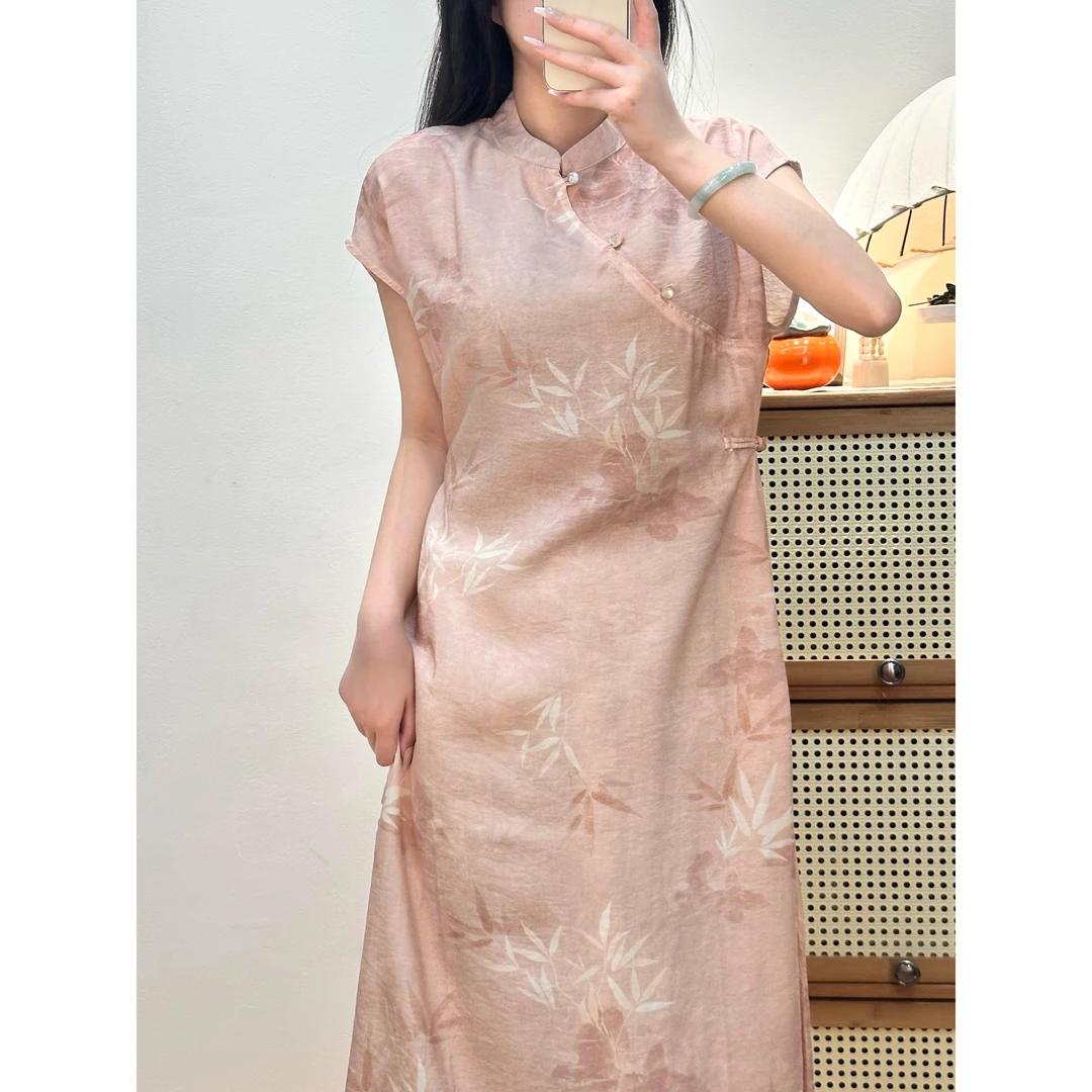 【云笙-粉竹】新中式无袖宽松连衣裙夏季少女加大加宽女连衣裙