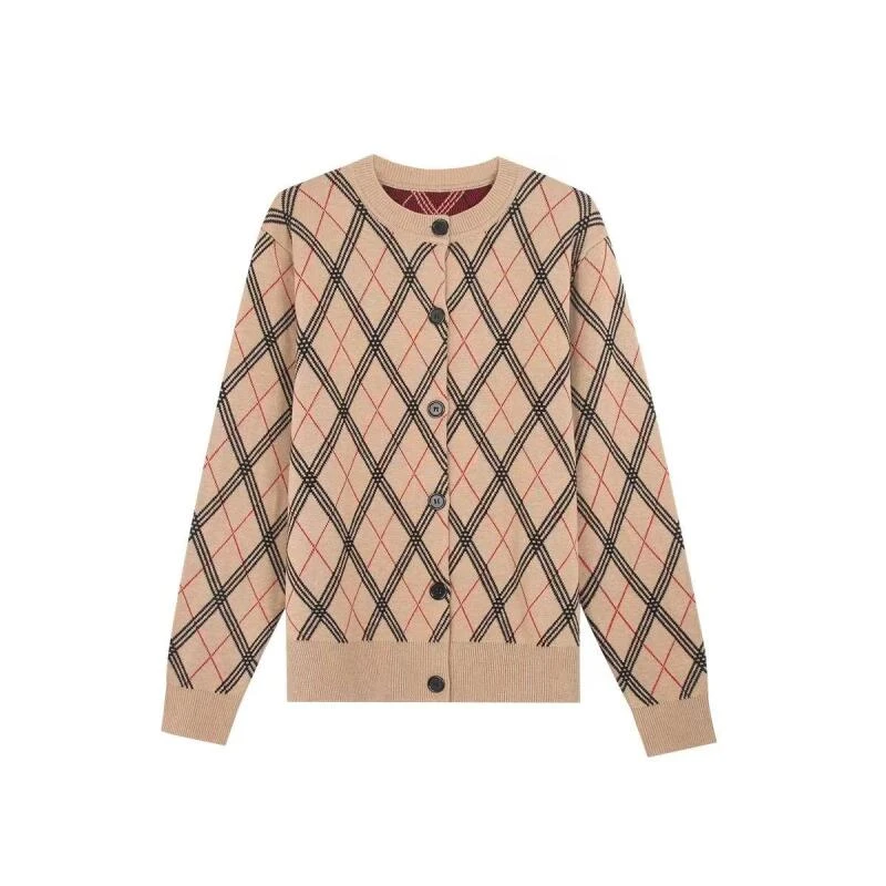 进口毛衫圆领菱形格羊毛针织上衣