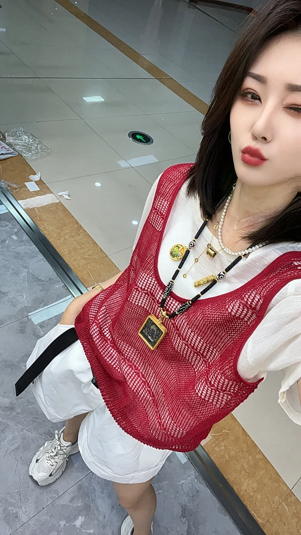 夏季新款薄款镂空冰丝针织短袖假两件上衣时尚洋气针织衫红色休闲