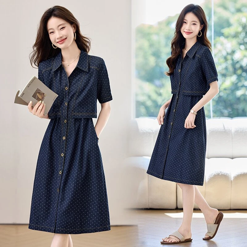 牛仔连衣裙2025新款今年流行爆款夏季巨好看假两件收腰波点裙子女