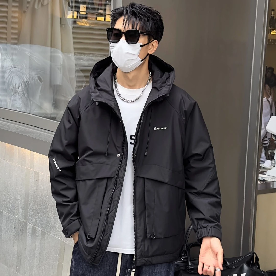 【加棉加厚】冬季新款工装连帽斜插口袋户外情侣款冲锋衣外套-818