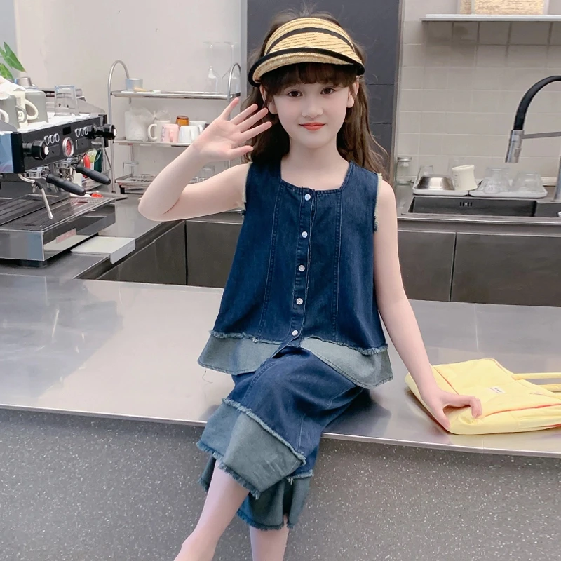 女童夏装套装2025新款洋气时髦儿童牛仔背心阔腿裤女孩夏季两件套