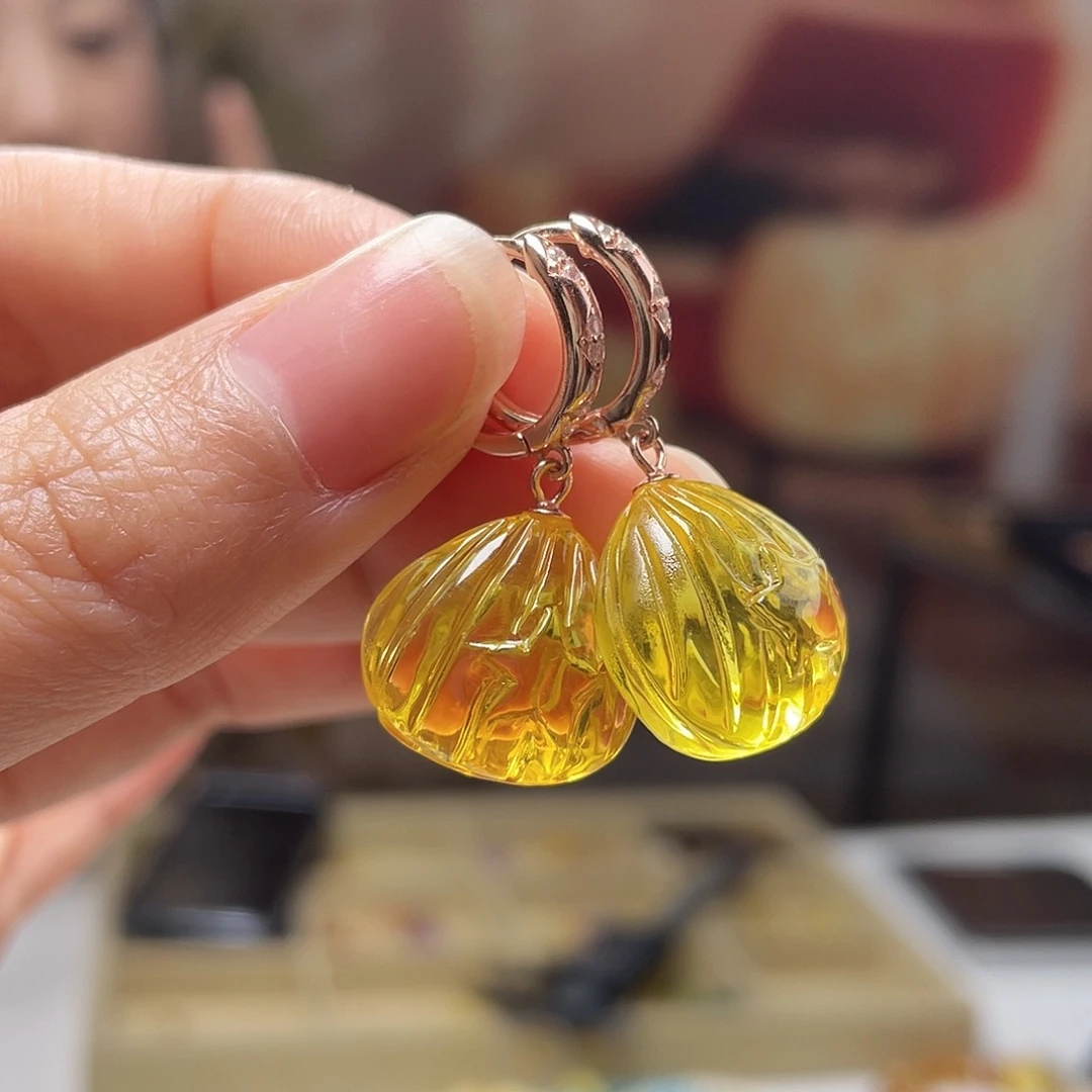 琥珀银S925镀金镶嵌裸石耳环