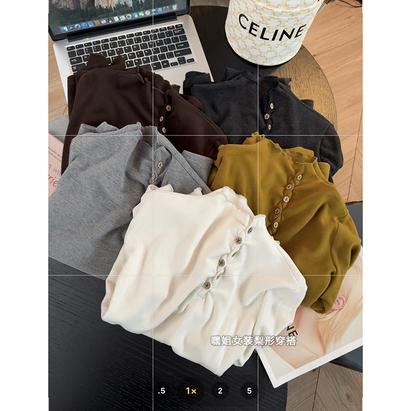 【暖绒】半高领木耳边侧钉扣磨毛打底衫女秋冬内搭修身长袖T恤上衣