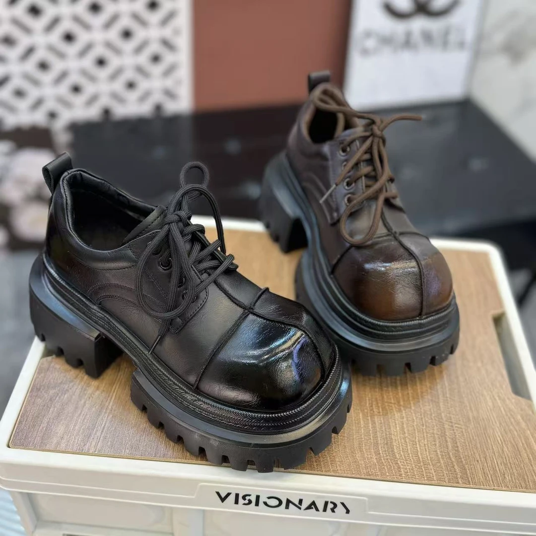 欧货真皮松糕厚底小皮鞋女英伦风圆头鞋小个子增高乐福鞋980-17