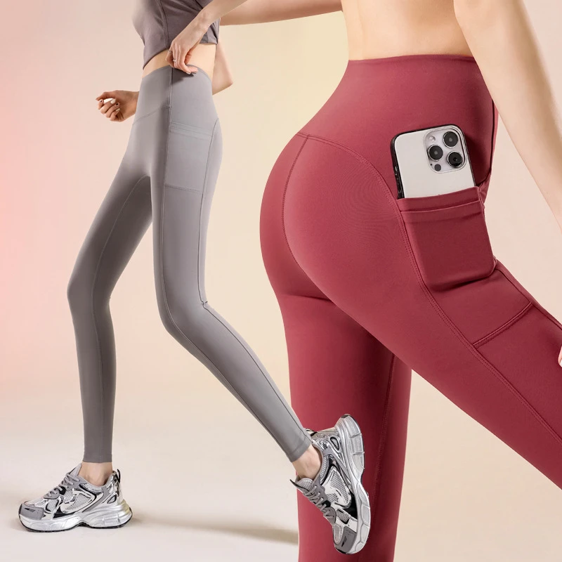 夏季薄款口袋瑜伽裤女外穿跑步高腰提臀运动健身打底裤紧身芭比裤