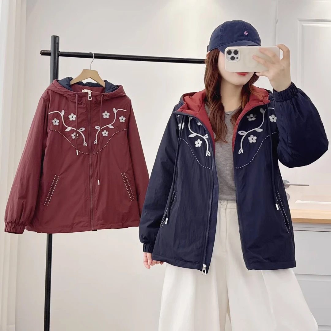 100-200斤大码女装胖mm秋款复古刺绣减龄休闲连帽外套夹克上衣545