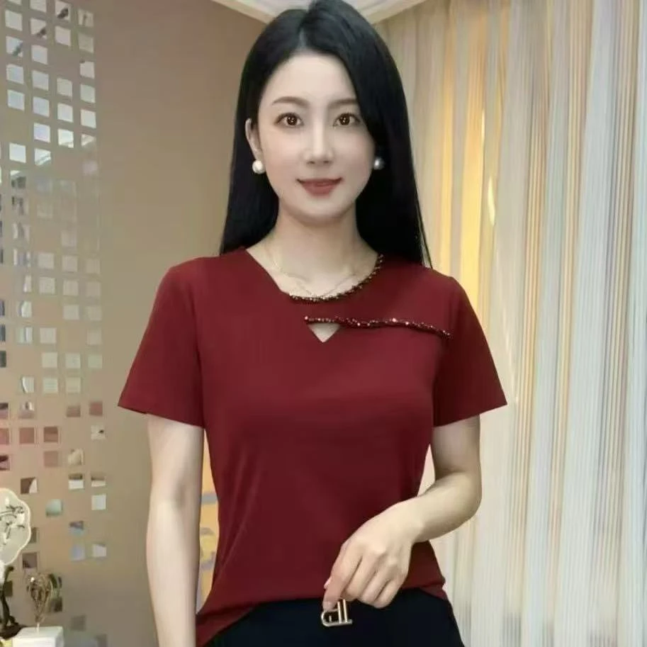 2025新款圆领纯色镂空串珠百搭气质时尚减龄显瘦短袖小衫T恤