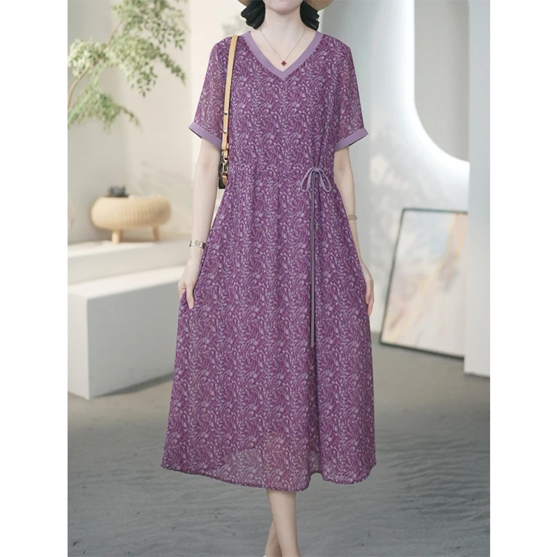 法式V领粉紫色碎花连衣裙女夏季时尚洋气大码女装减龄裙子-A22091