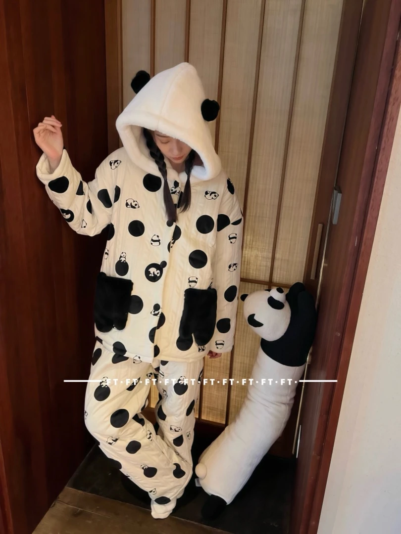 冬季三层夹棉女睡衣印花熊猫保暖家居服可外穿连帽可爱套装
