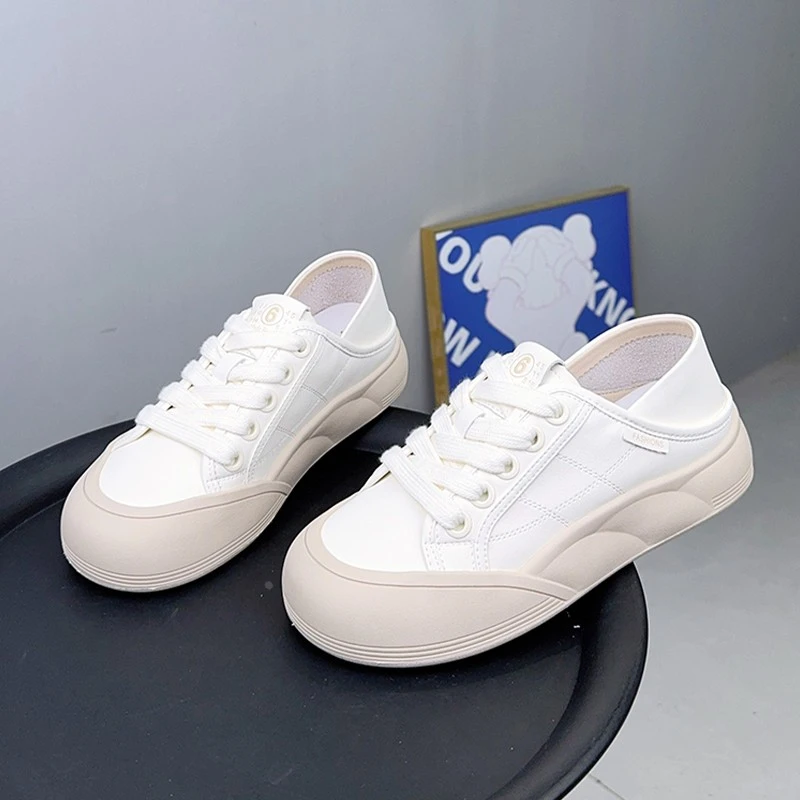 两穿真皮小白鞋2025新款春秋爆款厚底圆头面包鞋子女鞋大头板鞋女