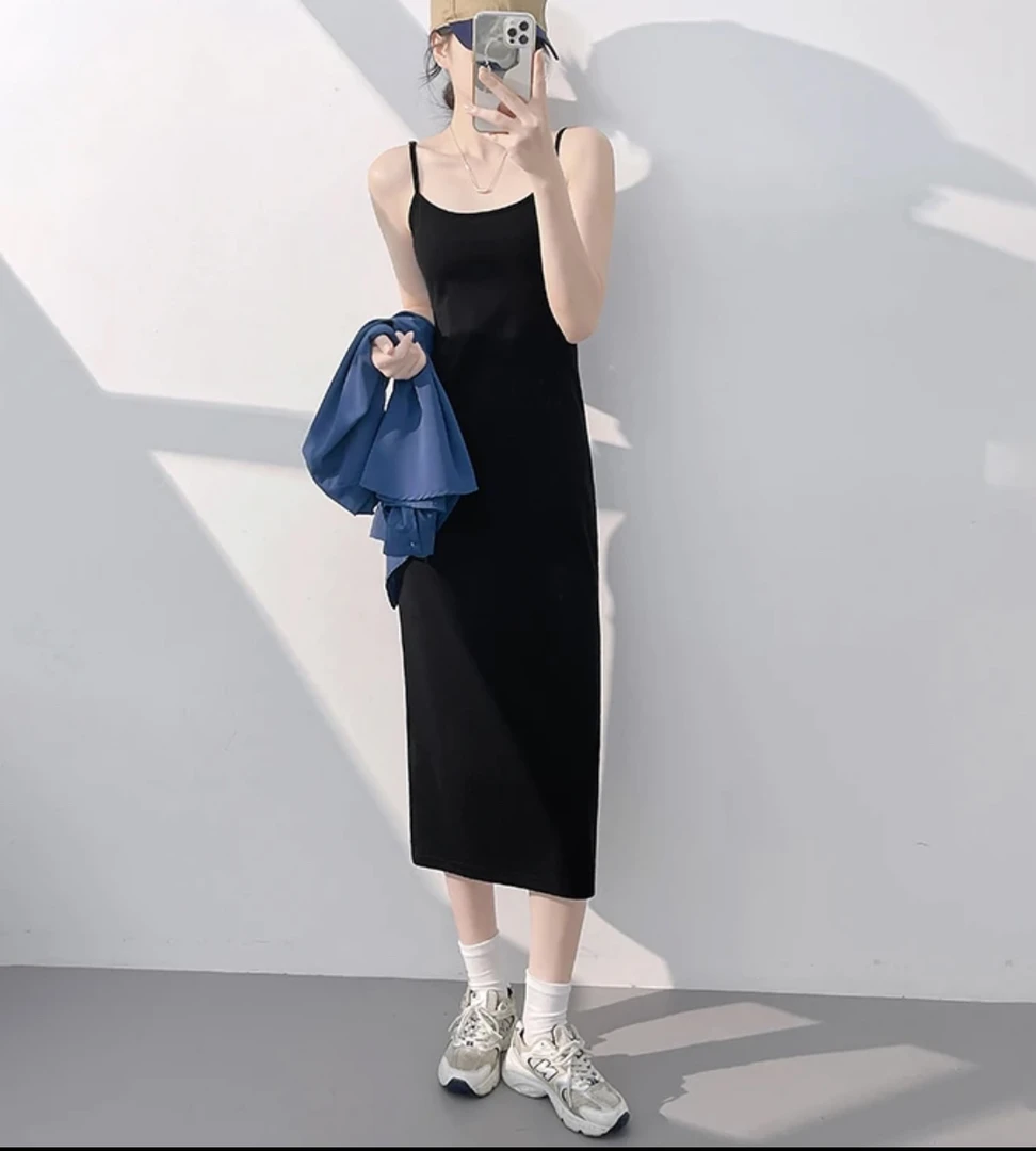509 韩版无袖显瘦时尚黑色气质长裙吊带裙（J14）