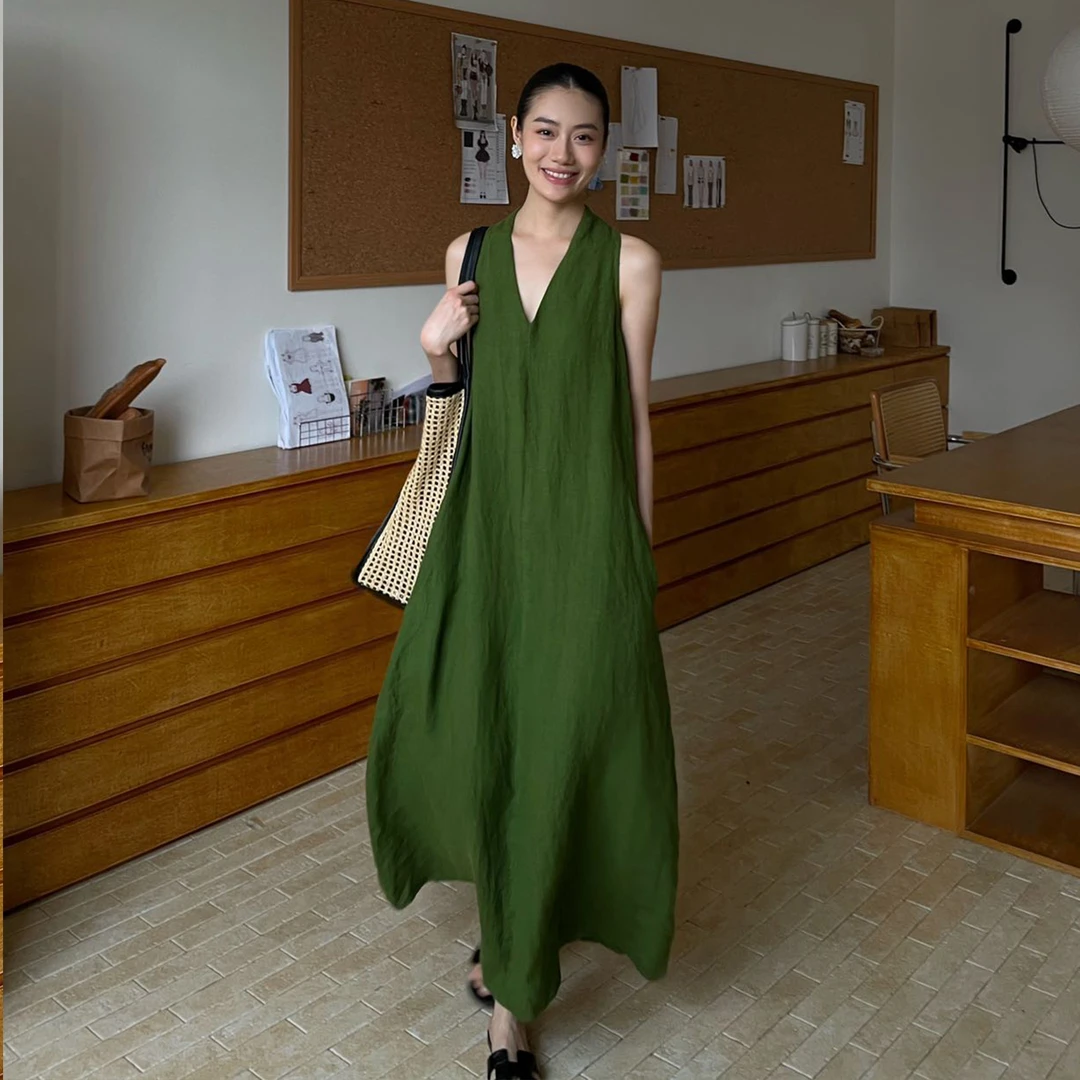 PURITY简约海边挂脖2025绿色夏显瘦女连衣裙长款亚麻背心A字长裙