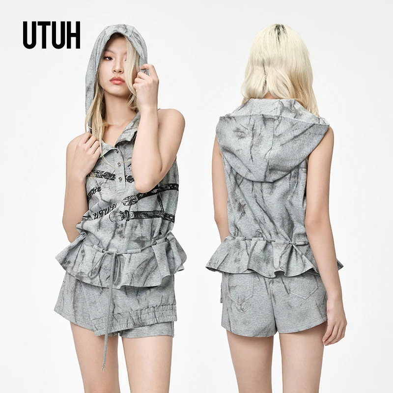 UTUH 黑灰花色优雅裙子装饰设计短裤休闲时髦显瘦百搭 TDWWR1D102