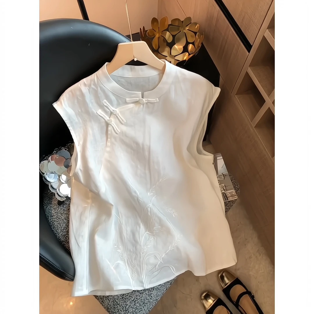 新中式轻奢设计感无袖上衣刺绣夏季新款独特千金气质斜襟背心小衫