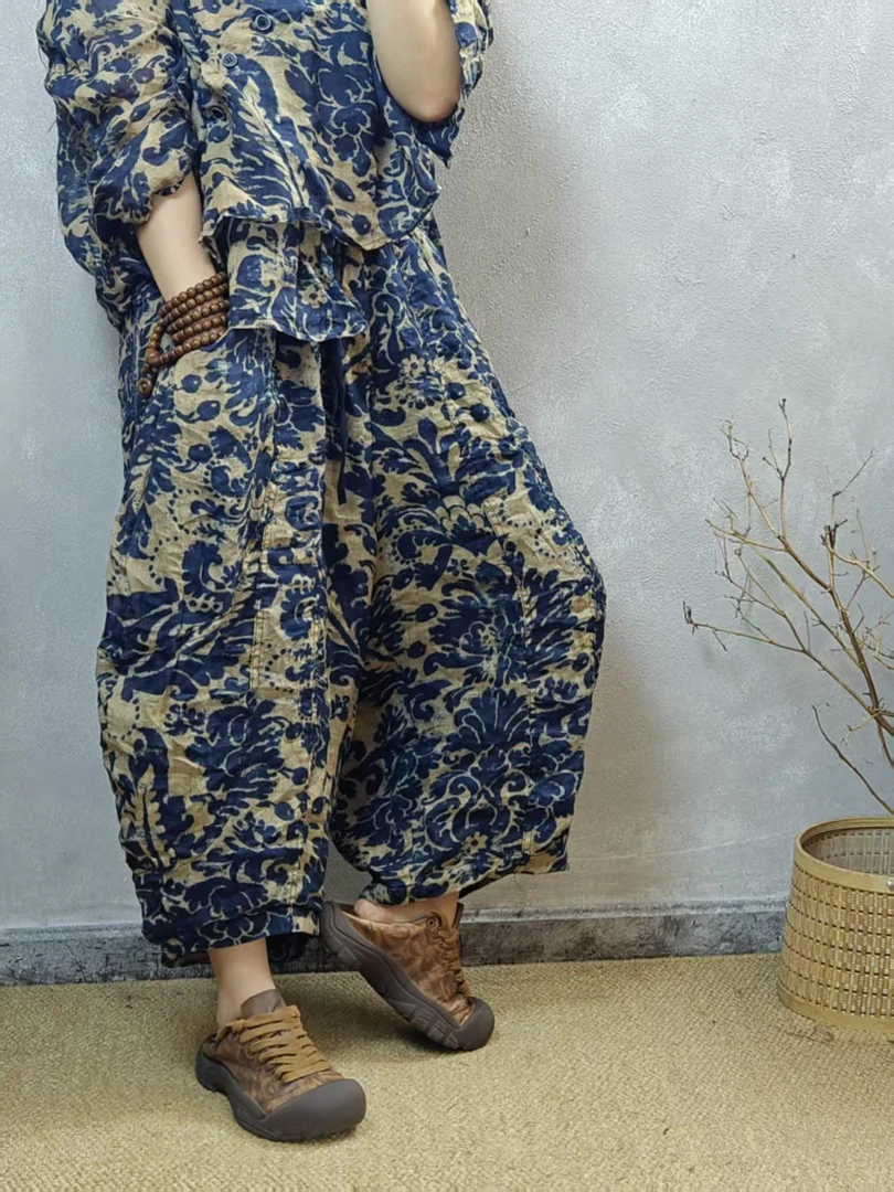 夏季新款高定设计款印花苎麻裤