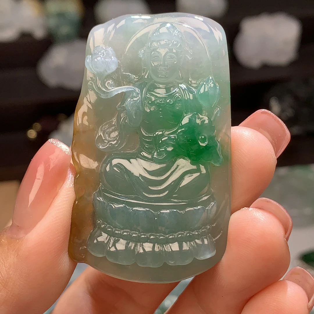 天然缅甸翡翠观音吊坠度母佛公平安扣如意花件牌男女款