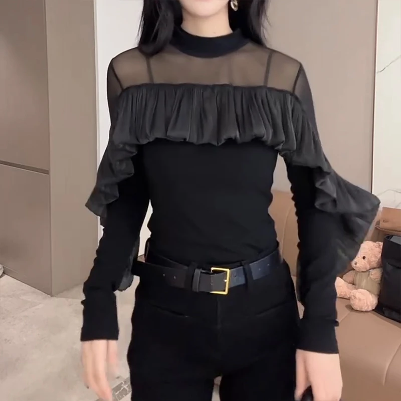 秋季新款蕾丝气质时尚百搭高领设计感显瘦拼接长袖T恤N20439