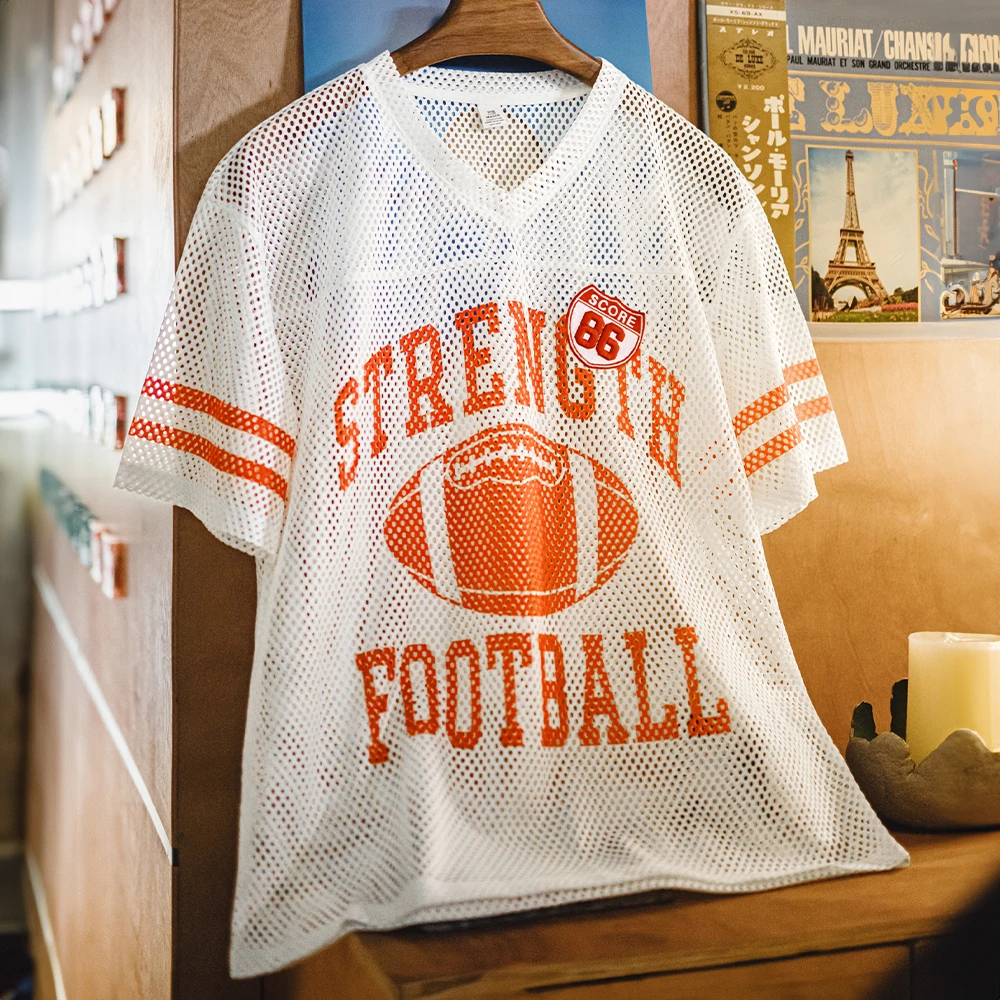 马登工装美式球衣风镂空T恤针织网眼透气宽松半袖罩衫短袖男夏季